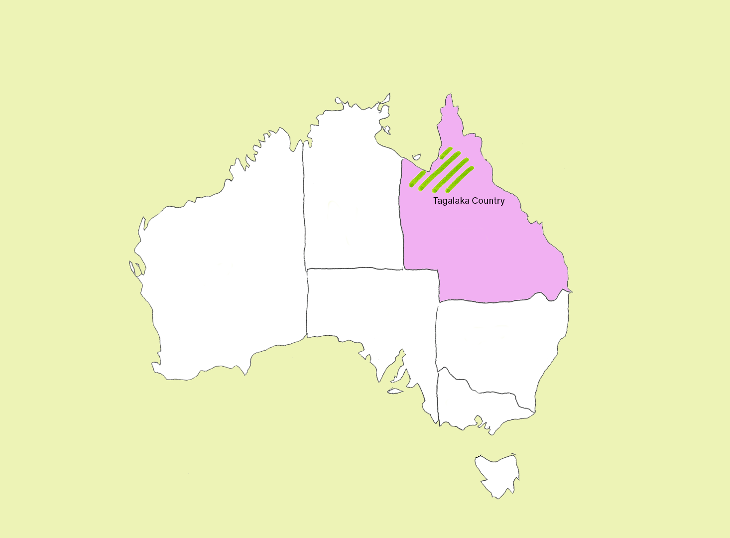 A map of Australia highlighting the location of Tagalaka Country